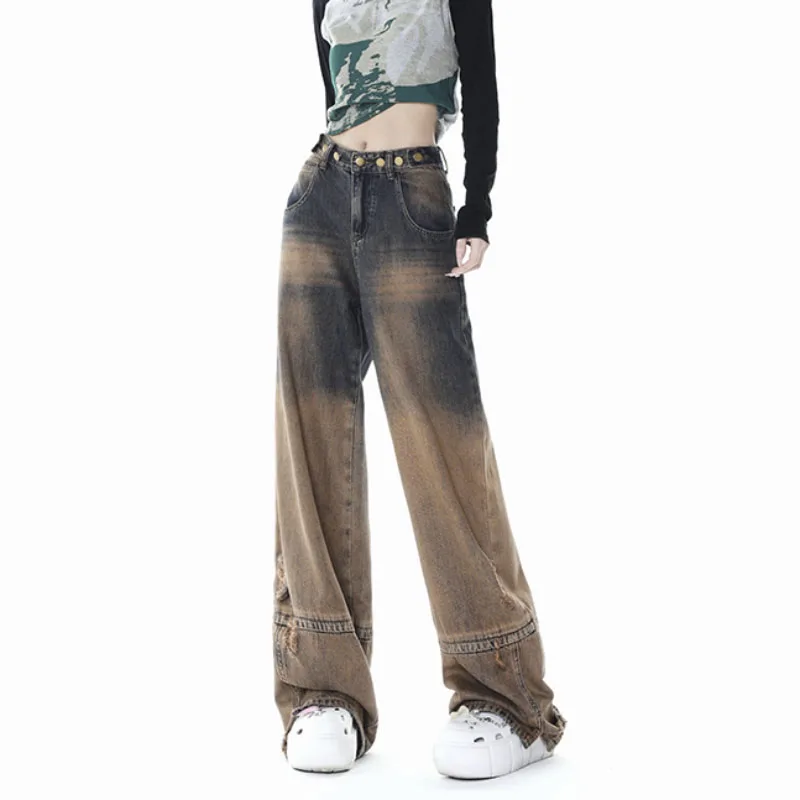 

Женские джинсовые брюки с завышенной талией, повседневные прямые широкие брюки составного кроя с пуговицами, 2023