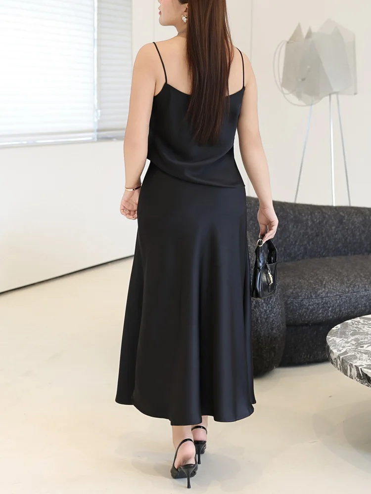 Plus Size Women's Set Premium Modern double-sided Satin High Waist Mermaid Skirt And Spaghetti Strap Camis Commuter 2pcs