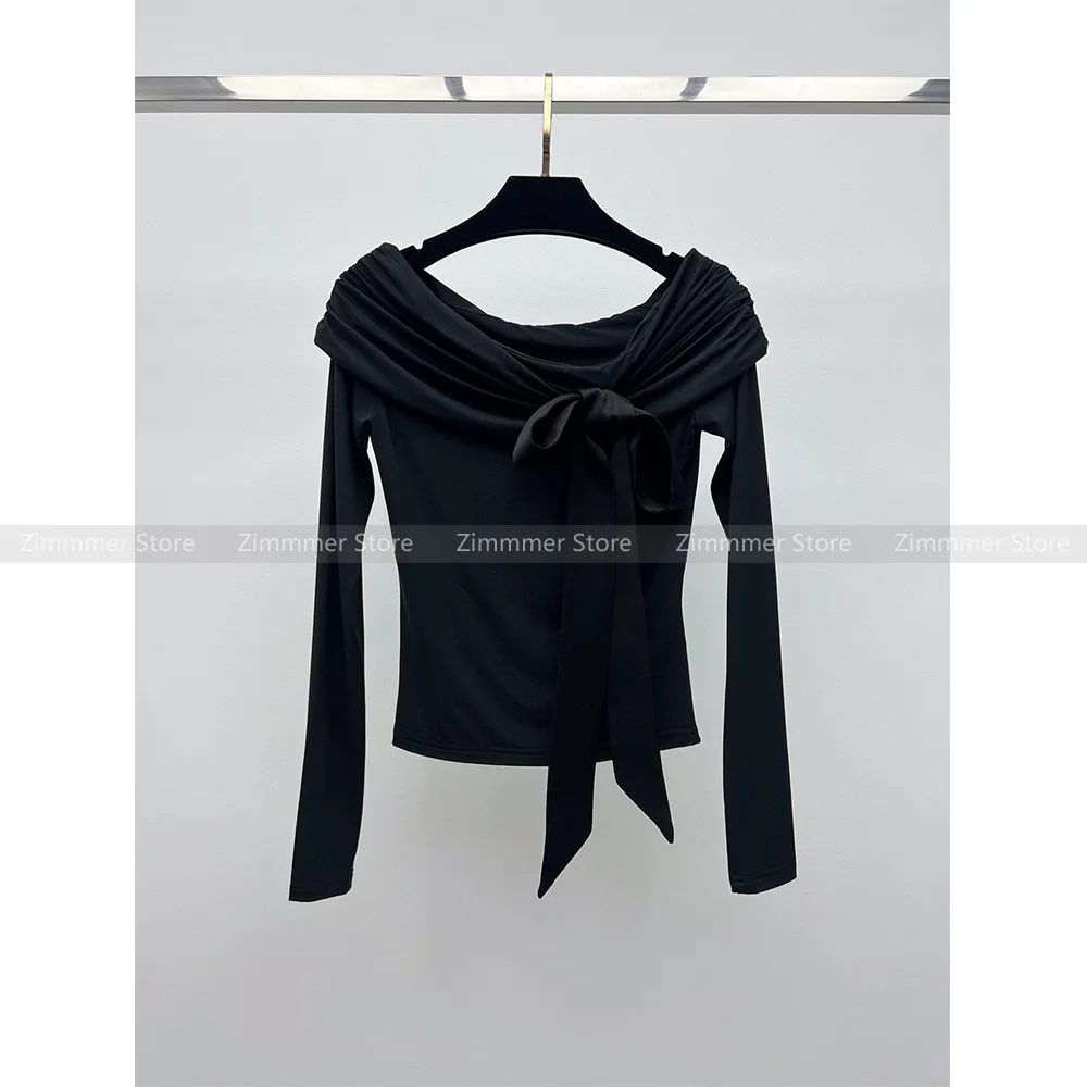 

High quality! 2024 spring flap collar can be one-shoulder long-sleeved lace-up pure desire wind tight bottoming shirt