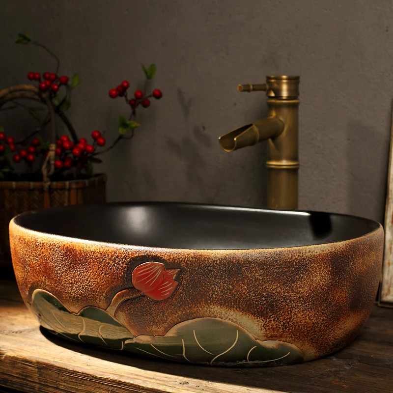 強くお勧め☆美品 セラミックアート 洗面台 レトロ ラウンド 青い花