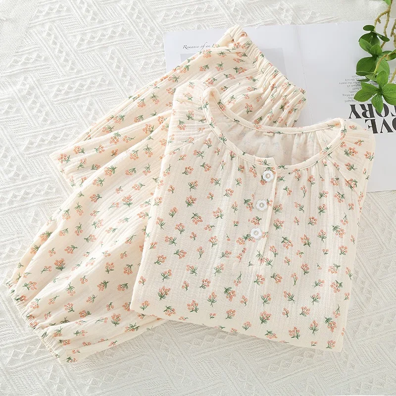 2023 여성 잠옷 순수 코튼 여성 긴팔 바지 라운드 넥 느슨한 Homewear 작은 Fower 인쇄  면화 잠옷 세트