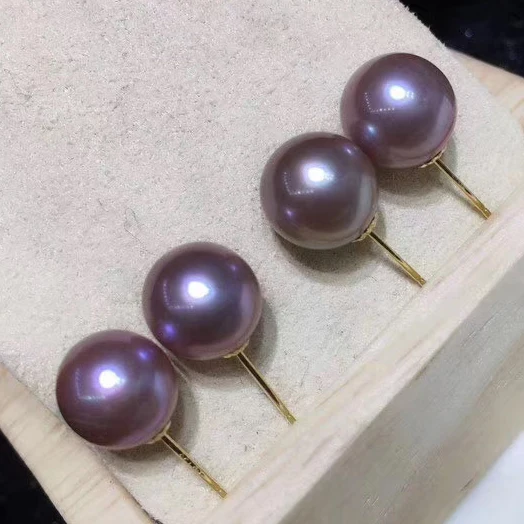 

wholesale freshwater pearl earrings, natural deep purple color, round shape, high luster, blemish free, 18K gold studs