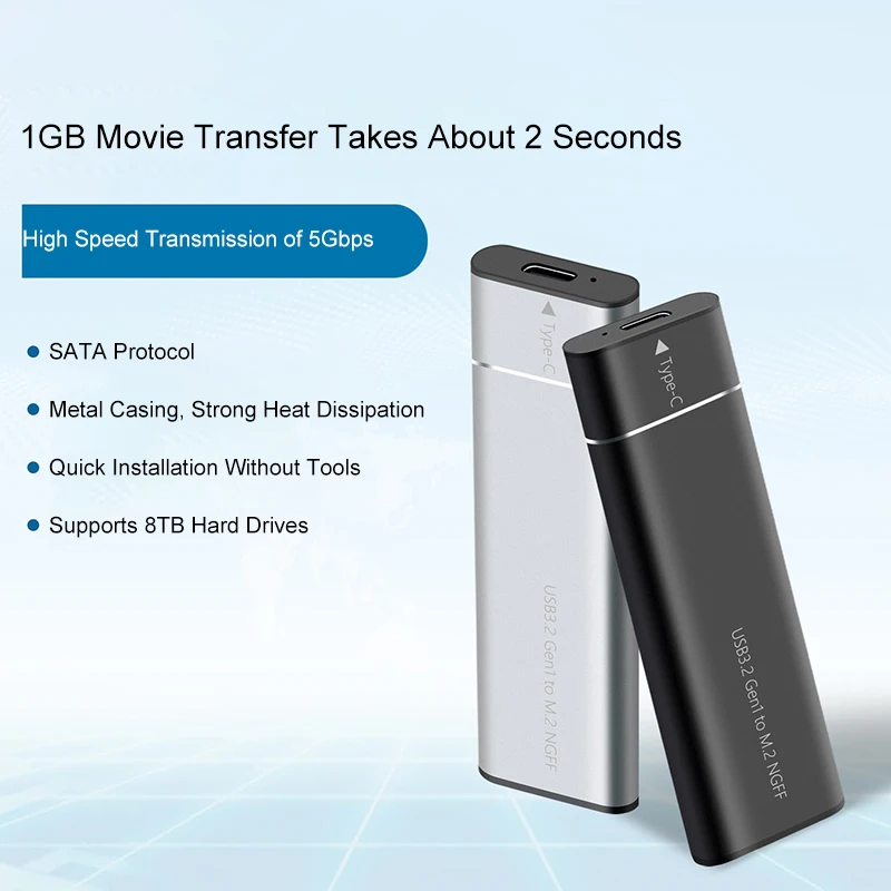 M.2 Solid State Mobile Hard Disk Box USB 3.2 Metal Heat Dissipation External Type-C Interface NGFF/SATA Dual Protocol TN100