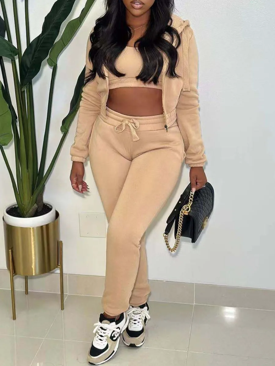 LW Fashion women's matching sets Three pieces sets tank + Hooded Collar coat + Drawstring Pants 3pcs Set casual tracksuit set