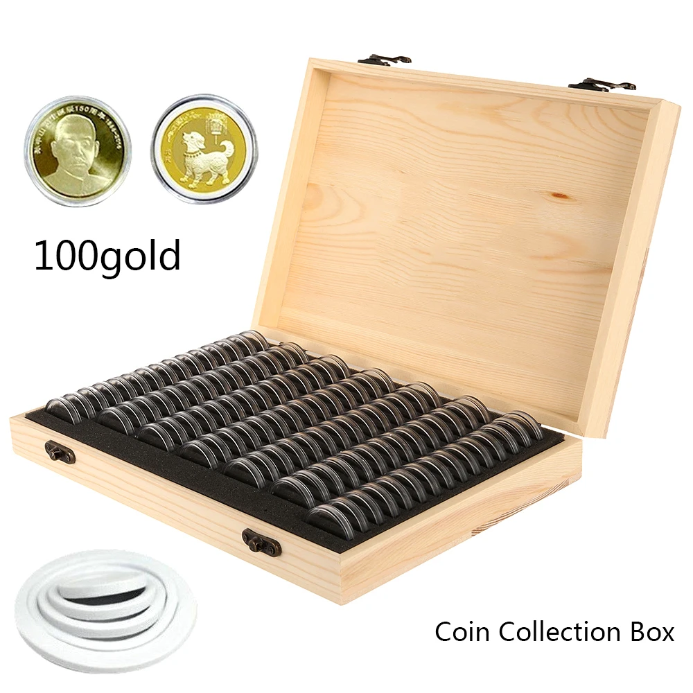 Wooden Coin Storage Box 100Slot Coin Capsules Universal Coins Case with Lock and Plastic