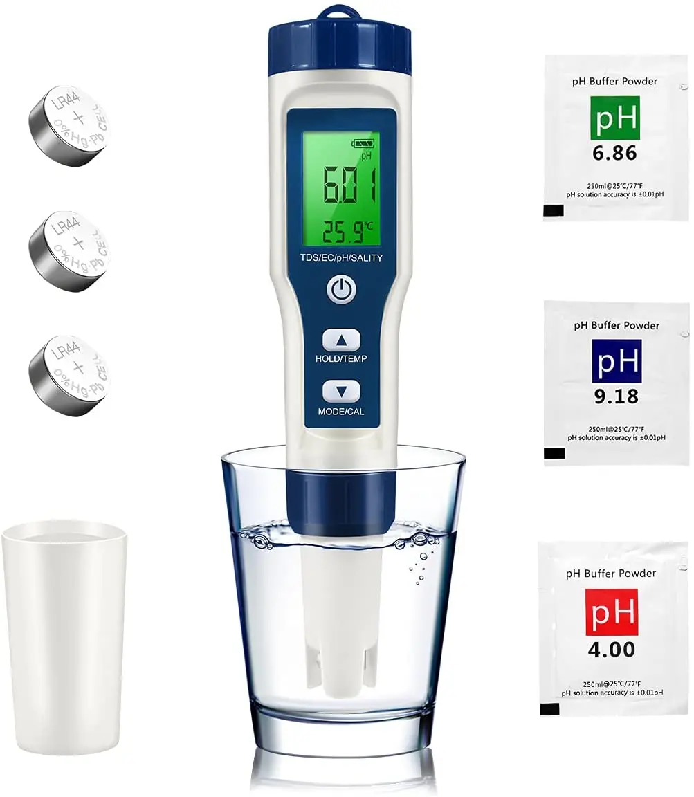 misuratore pH 5 in 1 con TDS EC Salinità Temperatura Tester multifunzionale  impermeabile di alta precisione Calibrazione automatica Compensazione della  temperatura phmetro piscina digitale 