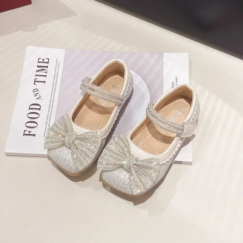 New Kids Party Shoes Bling Sequins Bowknot Little Girls Leather Shoes Spring Autumn Shallow Children Causal Wedding Flat