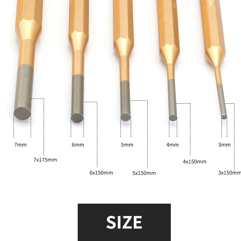 CRV Steel Punch Set - Round Chisel Hand Tool for Percussion, Fitting and Special Punching-Sizes: 3mm, 4mm, 5mm, 6mm, 8mm