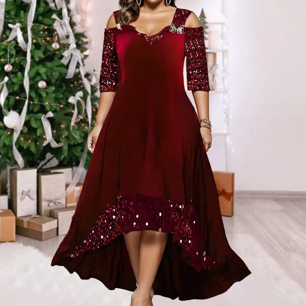 

Half Sleeve Maxi Dress Elegant Sequin V Neck Prom Party Dress with Off Shoulder Half Sleeves A-line Irregular Hem Plus for Lady