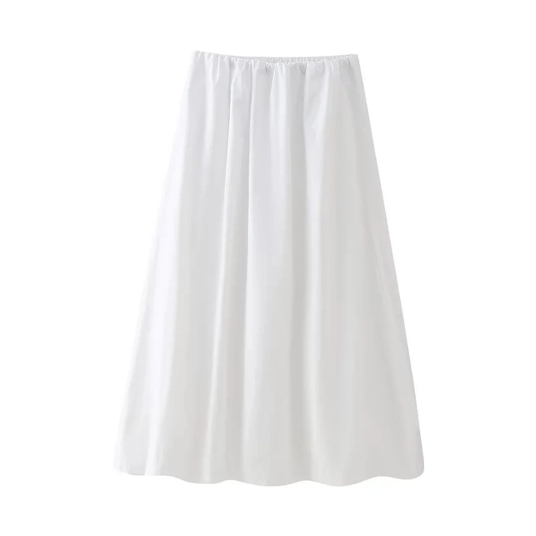 

TRAF Woman's White Midi Skirts Fashion High-Waist New Skirt Women Elasticated Waistband Skirts Female Chic Voluminous Hem Skirt