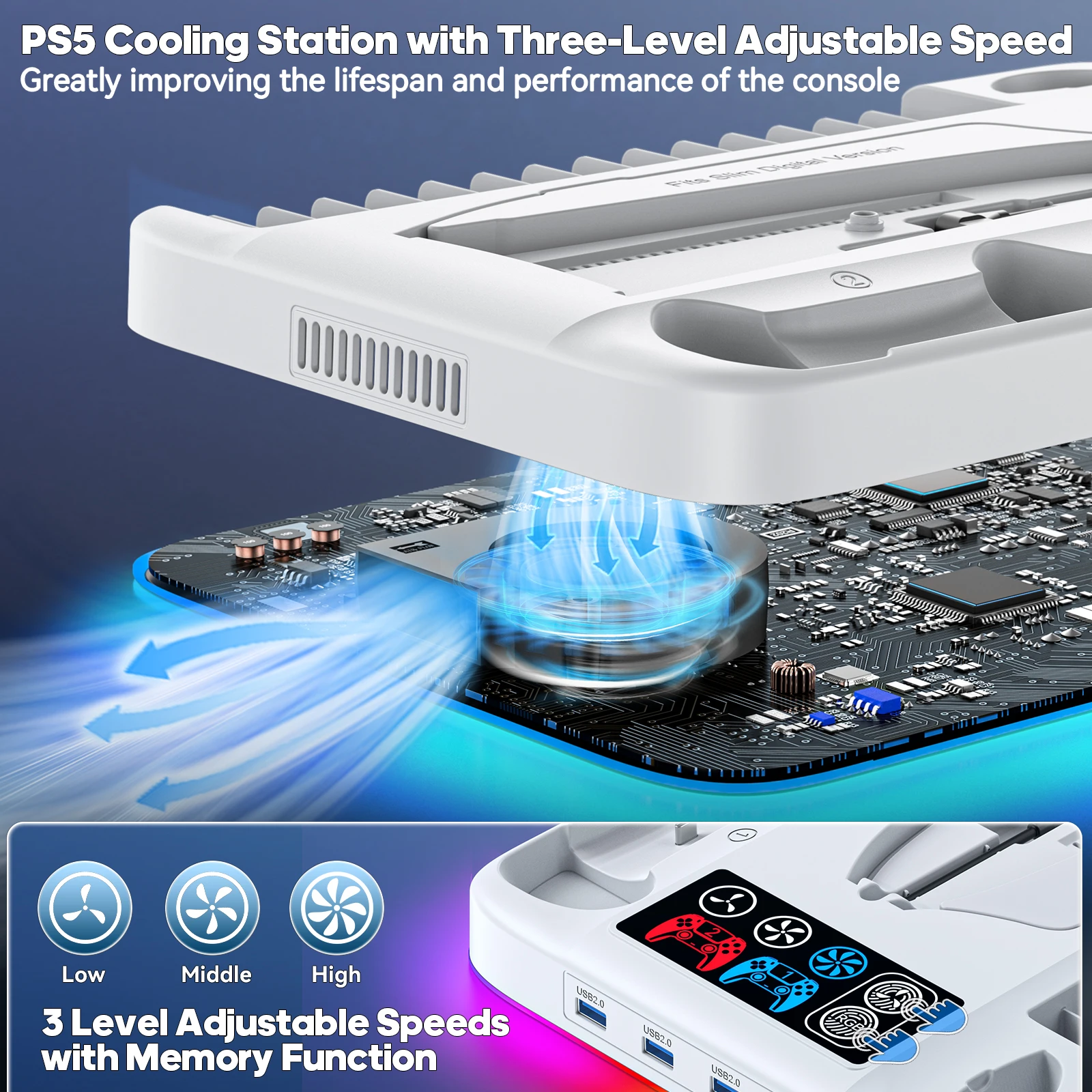 PS5 슬림 냉각 스탠드(컨트롤러 충전 스테이션 포함) Playsation 5 슬림 액세서리 키트(LED 조명 및 게임 슬롯 포함)