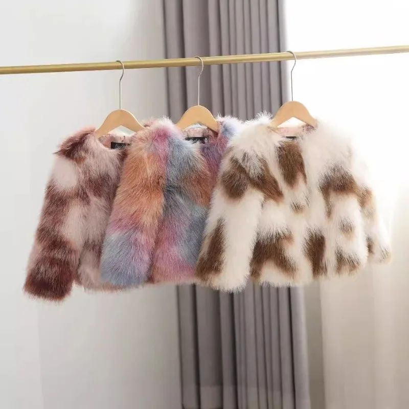 Winter Patchwork Fur Coat for Girls Short Round Neck - Uniqwear