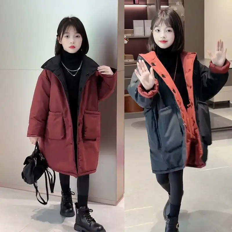 معطف شتوي قابل للعكس اثنين في واحد للفتيات  وصل حديثًا جاكيت أطفال معزول حراريًا مقاس كبير سميك متوسط الطول