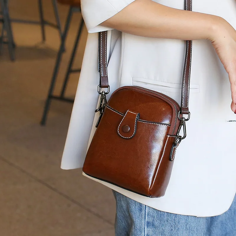 Real Cowhide Mobile Phone Bag Solid Small Messenger Women's Bag Summer Single Shoulder Crossbody Lady Soft Leather Purse