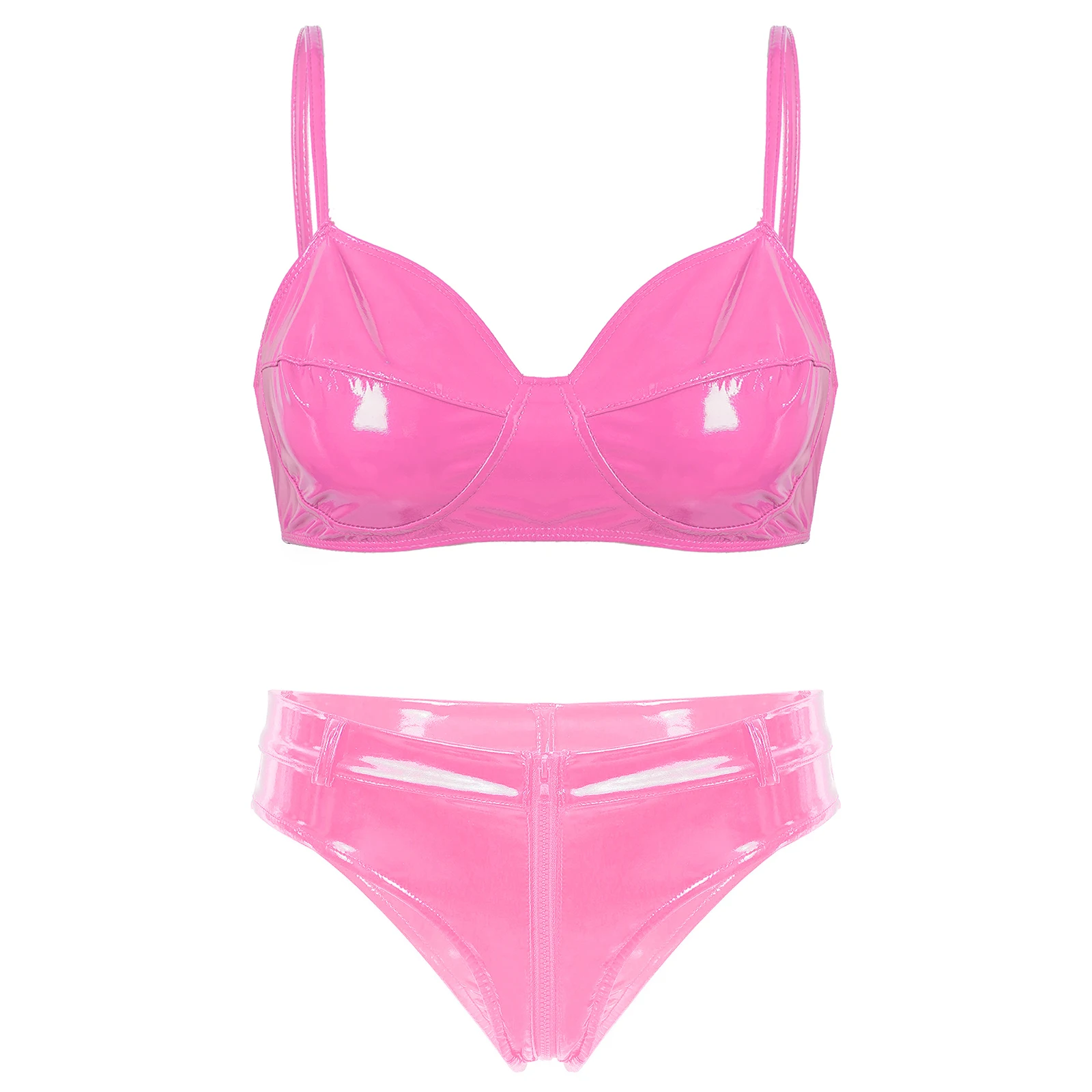 thumbnail image 1 of Ropa de discoteca de charol con aspecto mojado para mujer, lencería íntima Sexy, conjunto de ropa interior, sujetador inalámbrico, Top con bragas con cremallera frontal de corte alto, 1 of 5