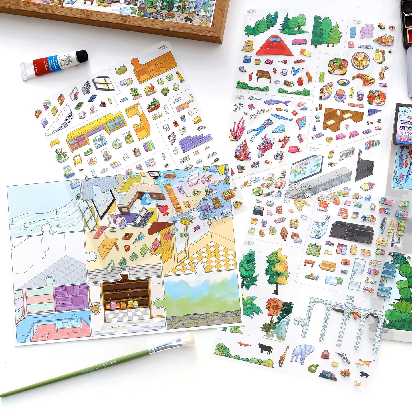 귀여운 야외 퍼즐 3D 도시 산책 풍경 스티커 DIY 포켓 캐빈 장면 축제 선물