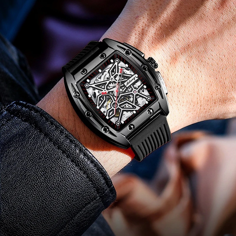 AILANG Brandneue Herrenuhr mit hohler mechanischer Uhr, modisches Lederarmband, wasserdicht, Skelett-Automatikuhr, Herren-Sportuhr_voghion.com