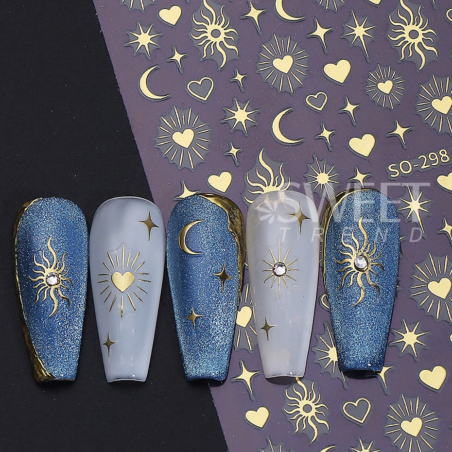 6pcs Gold Silver Laser Star Moon Nail Sticker Y2K Metal Love Heart Self-adhesive Nail Decals Bohemian Manicure Decoration Slider