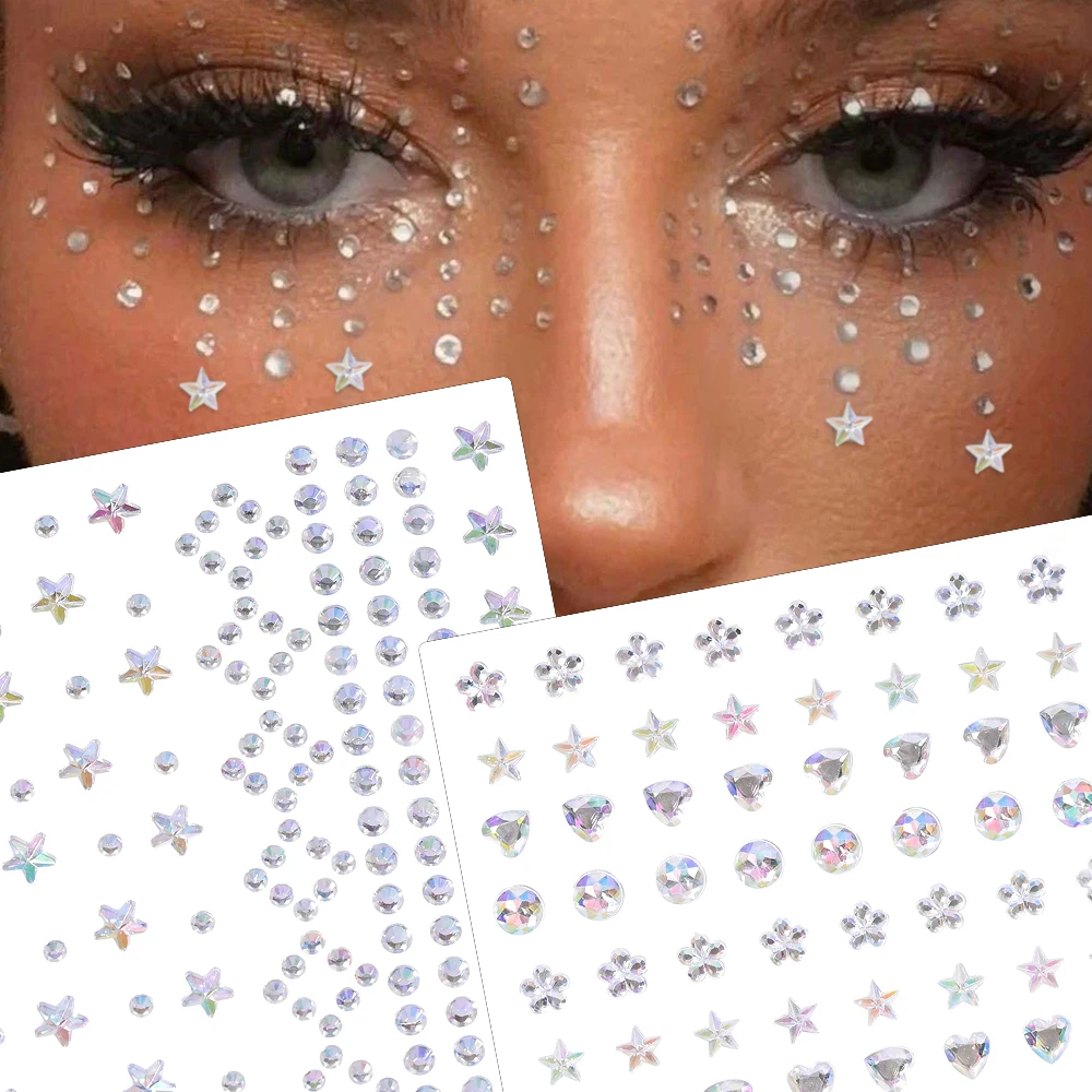 1sheet Star & Moon Face Gems Jewels Stickers Heart Shiny Rhinestone Eye Makeup Temporary Tattoos Decoration For Music Festival 4
