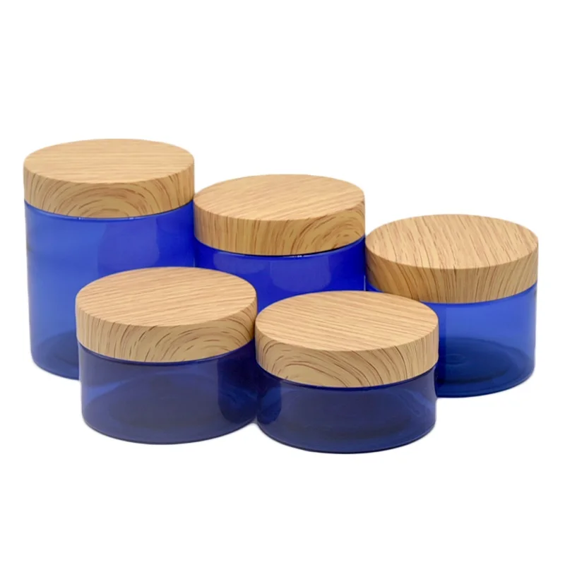 

100g 120g 150g 200g 250g PET Blue Cosmetic Packaging Jars Refillable Bottle False Wood Lid Empty Plastic Facial Cream Pots 24pcs