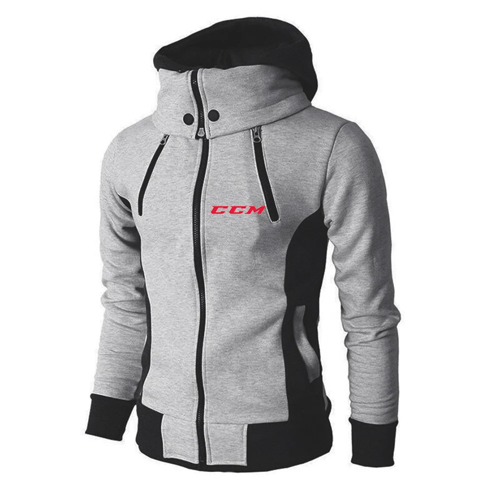 CCM Men Autumn Solid Color Hoodie Double Zipper Design Pullover Male Sweatshirt Long Sleeve Sports Sweater Tops