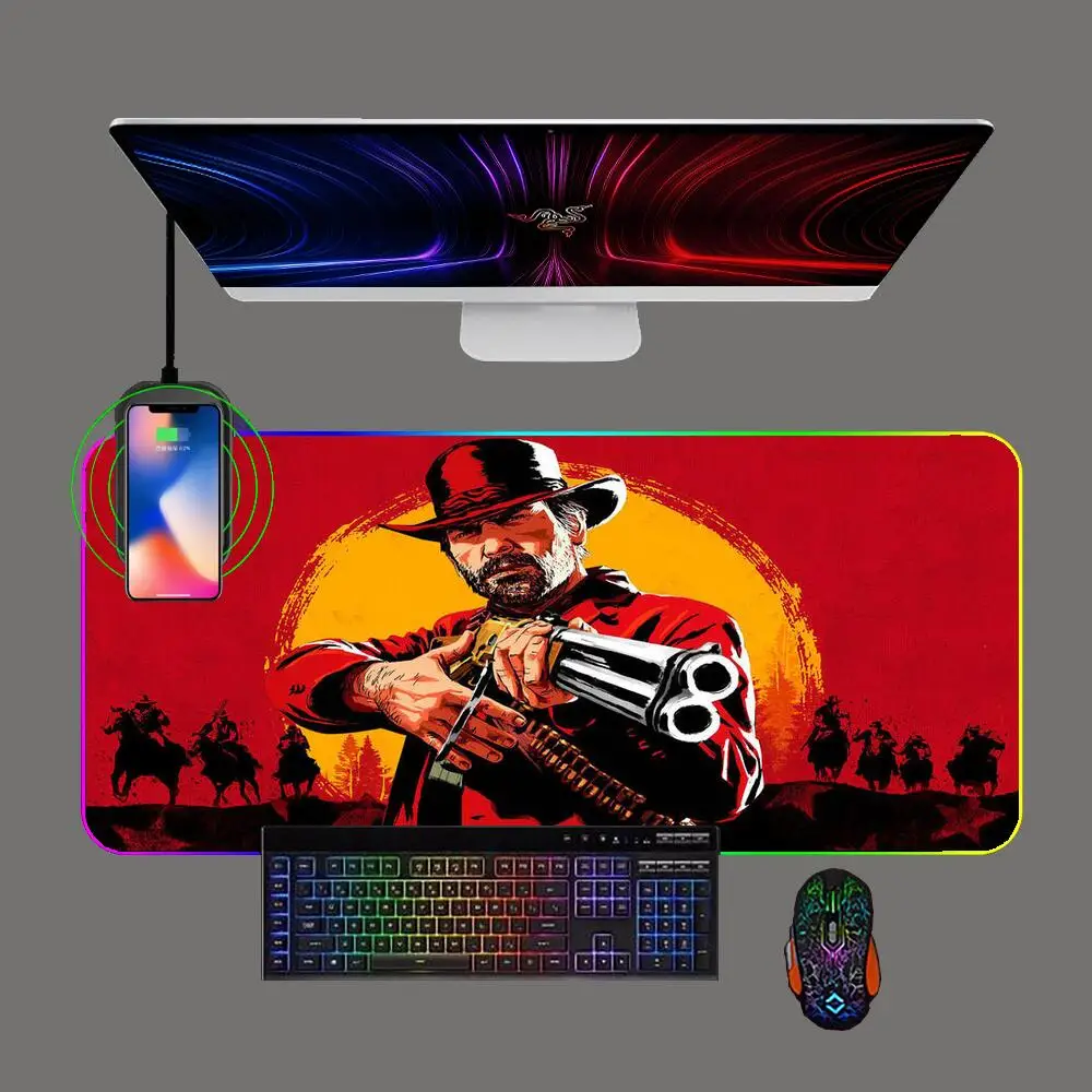 

Игровой коврик для мыши Red Dead выкуп, RGB телефон, Беспроводная зарядка с подсветкой, компьютерный коврик для клавиатуры, игровой компьютер, офисный коврик для мыши