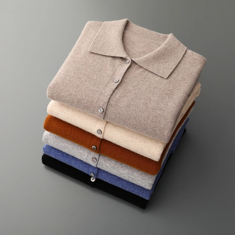 Wool Cardigan Spring Autumn Minimalist Style Men Clothing  Long Sleeve Lapel Collar Neck Sweater  Loose Knitting Casual Men Tops