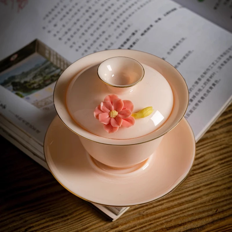 Flower Language Covered Bowl Hand Pinched Flower Bubble Tea Bowl for Girls Girlfriend Gift Ladies Chinese Kung Fu Tea Set