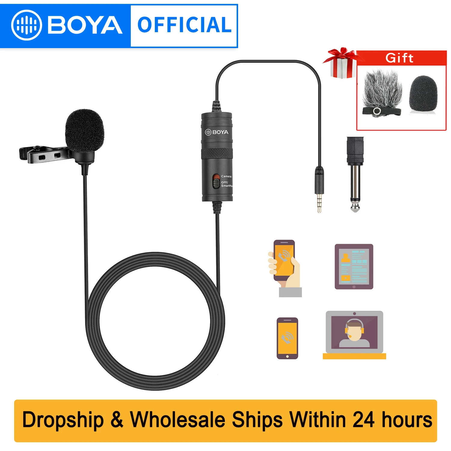 BOYA BYM1 Condenser Lavalier Lapel Clipon Microphone 3.5mm TRRS 6M