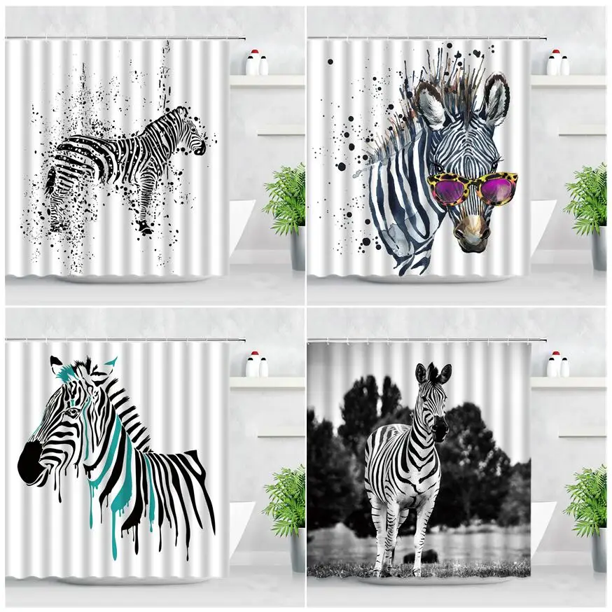 African Zebra Shower Curtains Black White Pattern Wild Animal Ink Art