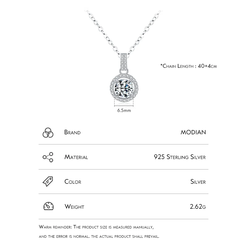 Modian 925 Sterling Silver Charm Round 1CT 5A Zirconia Pendant Necklace Classic Platinum Plated Jewelry For Women Wedding Gifts