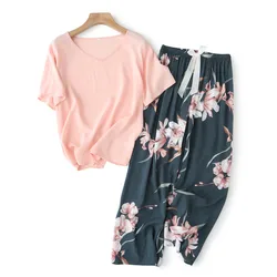 JULY'S SONG Floral Printed Pyjama Sleepwear Female Casual V Neck Short Sleeve Elastic Waist Nightwear Retro Women's Pajamas Sets