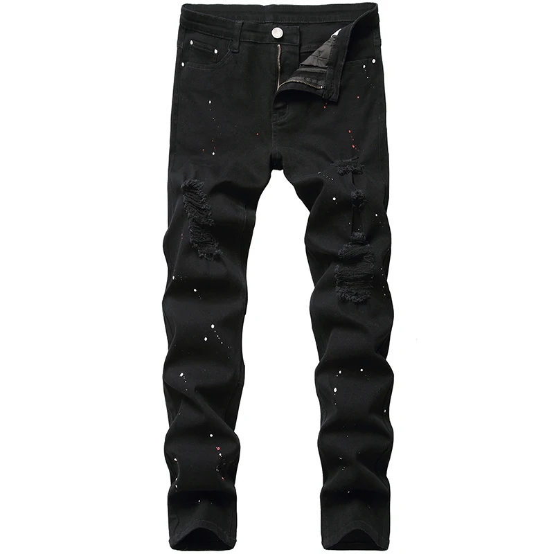 Denim Jeans Hole Design Fashion Lacquer Foot Casual Pants Stretch Regular Fit Black Long Hip Hop Men's Four Season Plus Size