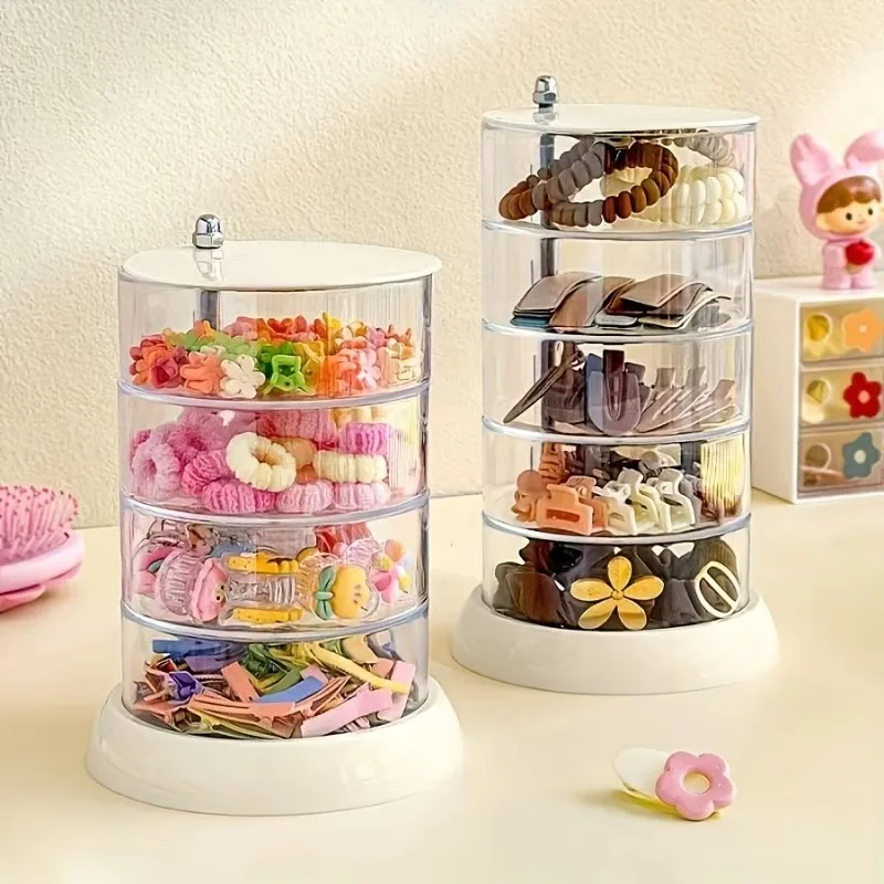 Rotating Multi-Layer Transparent Storage Box with Transparent Dome Lid | White Base and Transparent Shelves, Dust-Proof Design