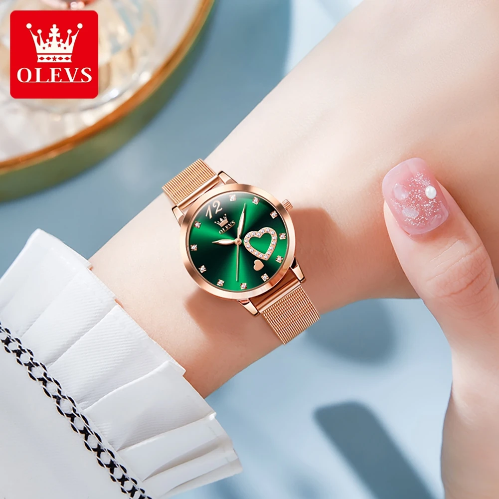 OLEVS Womens Watches Top Brand Luxury Fashion Green Dial Quartz Watch Stainless Steel Waterproof Ladies Wrist Watch Montre Femme