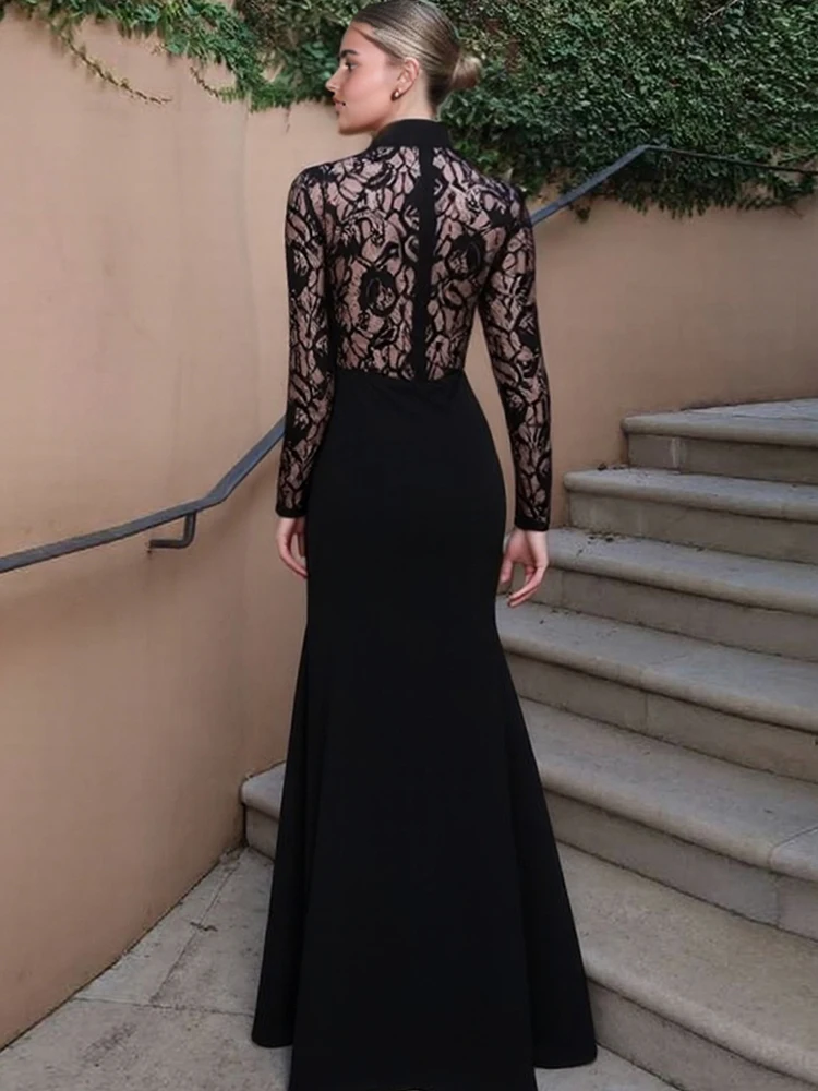 Nibber Lace Patchwork Maxi Dress Women Turtleneck Full Sleeve Skinny Folds Zipper Sexy Midnight Fashion Prom Party Chic Vestidos