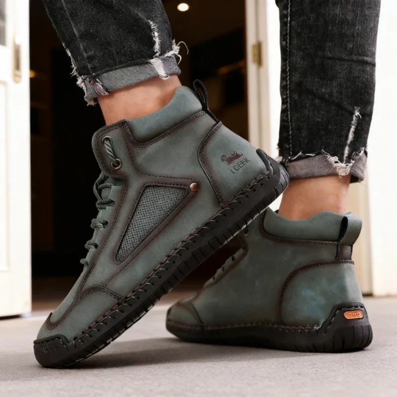 Trend High Top Shoes for Men Anti Slip Soft Sole Breathable Comfortable Loafers Lace Up Mosinka Shoe Spring and Autumn Flat Shoe