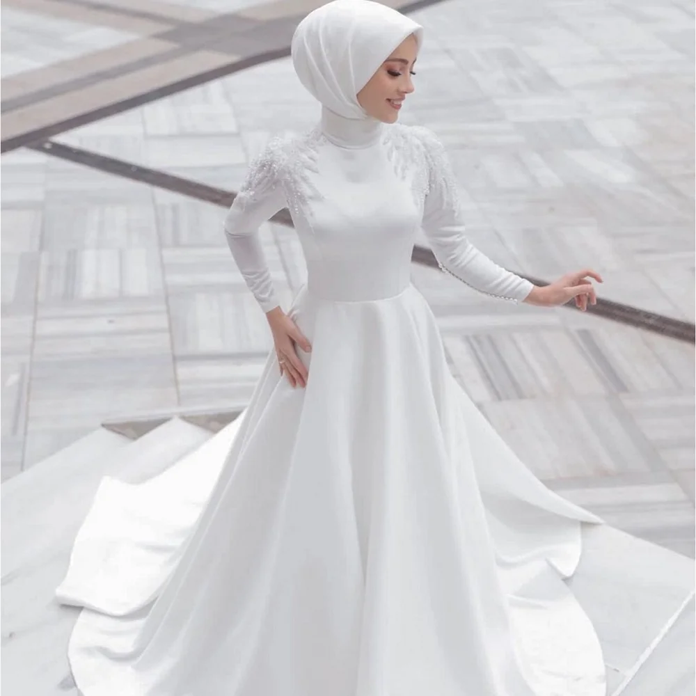 Muslim White Long Sleeves Satin Wedding Party Dress Elegant High Collar Beading Sequined A-Line Floor Length Bride Gowns 2025 2