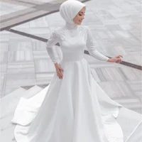 Muslim White Long Sleeves Satin Wedding Party Dress Elegant High Collar Beading Sequined A-Line Floor Length Bride Gowns 2025 2