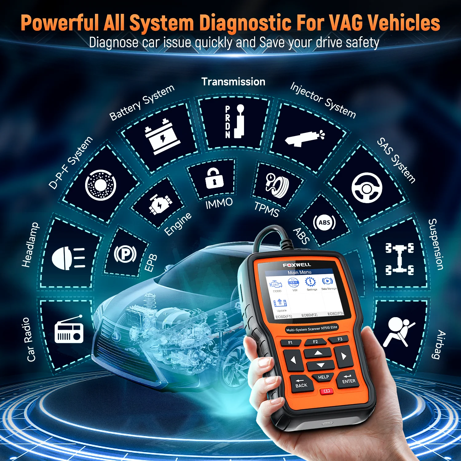 FOXWELL NT510 Elite VAG VW OBD2スキャナー 全システムスキャンコード 