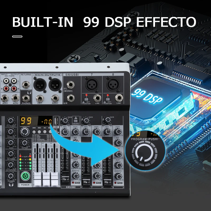 KP8 오디오 믹서 8채널 99개 DSP 이펙트 레코드 PC 48V 팬텀 파워 USB 사운드 믹서 블루투스 DJ 콘솔 믹싱 (노래방용)