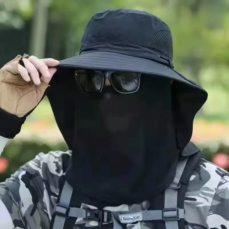 UPF50+ Fishing hat Sun shading large eaves mountain climbing mask mesh breathable outdoor UV protection detachable full face sun hat sun protection hat fisherman hat uv protection head mask