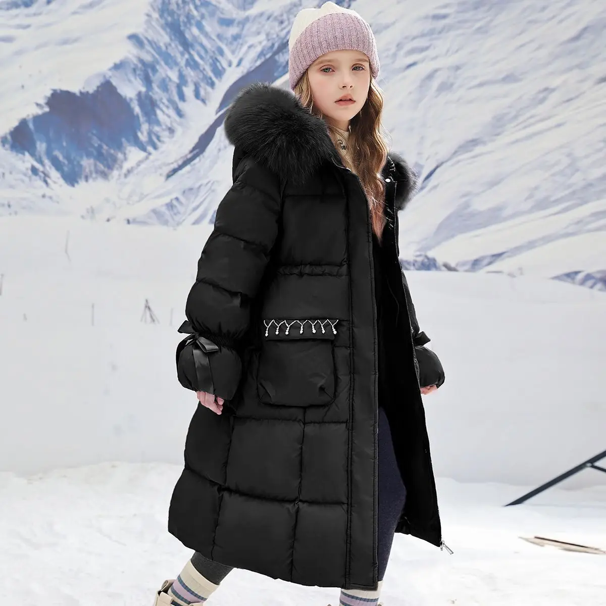 Girl Long Fur Collar Padded Jacket WinteChildren Girls Children Coat