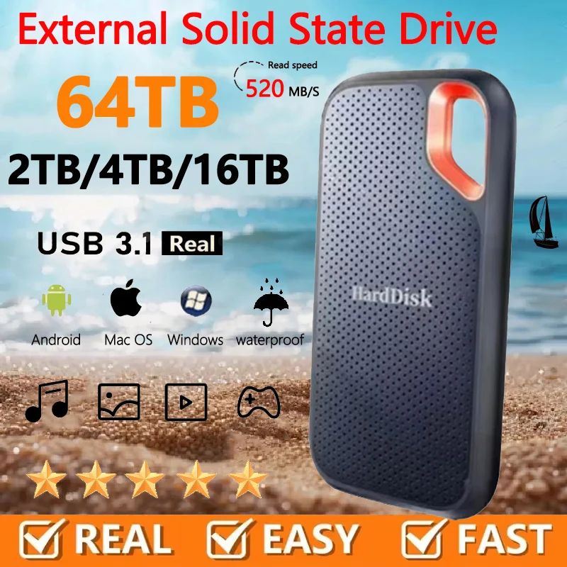 SSD แบบพกพา 1TB ฮาร์ดดิสก์ภายนอก USB3.1 ความเร็วสูง ฮาร์ดไดรฟ์ 2TB มินิโซลิดสเตทดิสก์ 4TB ไดรฟ์ภายนอกสำหรับแล็ปท็อป/แมค/พีซี 1