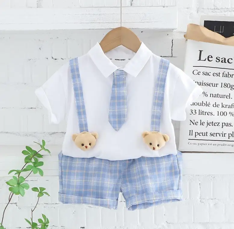 

Children Summer outfits Korean style kids cute tie cotton short sleeve shirts and shirts 2pcs Tracksuits Baby Boy clothes Set
