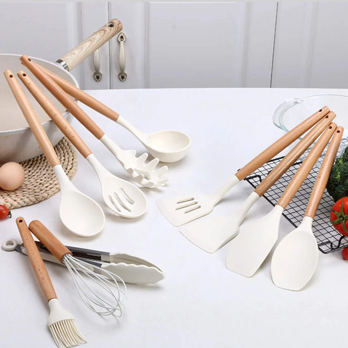 12pcs Silicone Kitchen Utensils Set Non-Stick with Wooden Handles -  Includes Shovel Cooking Utensils Kitchen Special Accessories - AliExpress