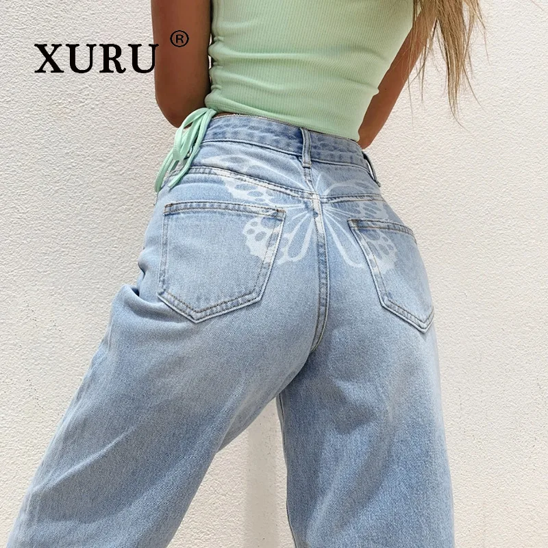 XURU European and American New Casual Versatile High Waist Printed Women's Denim Pants K8-FF65742