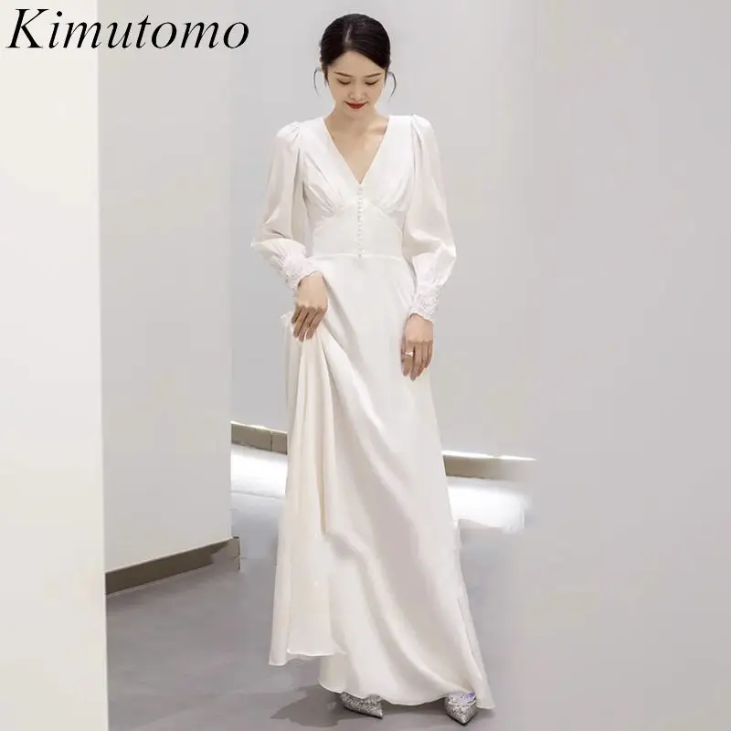 

Kimutomo Backless Lace Engagement Dress Low V Neck Puff Long Sleeves Wedding Dresses Celebrity Style Hook Flower Beaded Dress