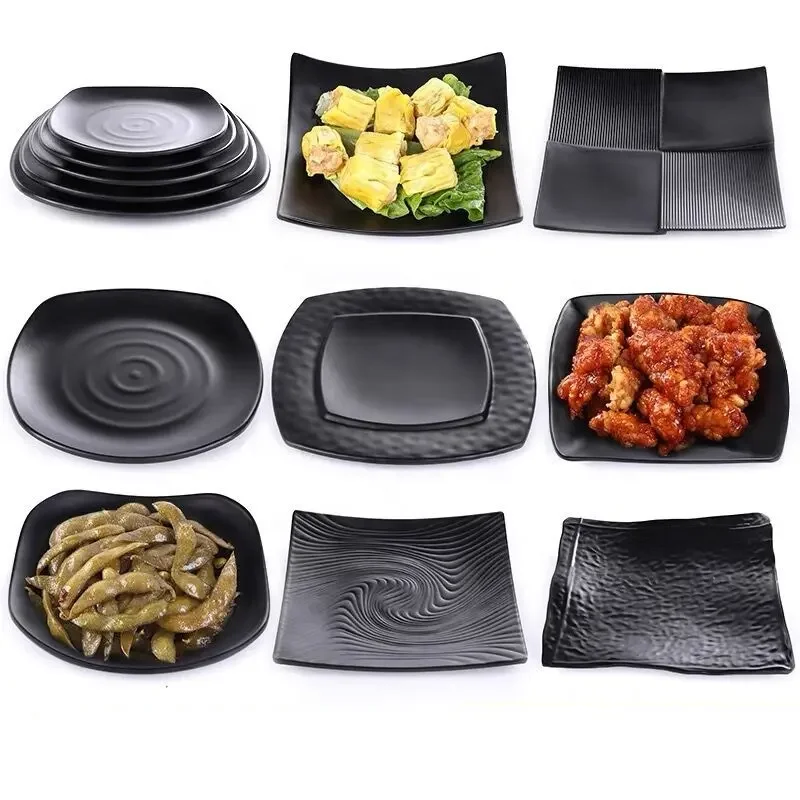 Matte Black Plate Melamine Tableware Snack Plate Square Plastic Dinner Kitchen Supplies Commercial Rotisserie Side Dishes