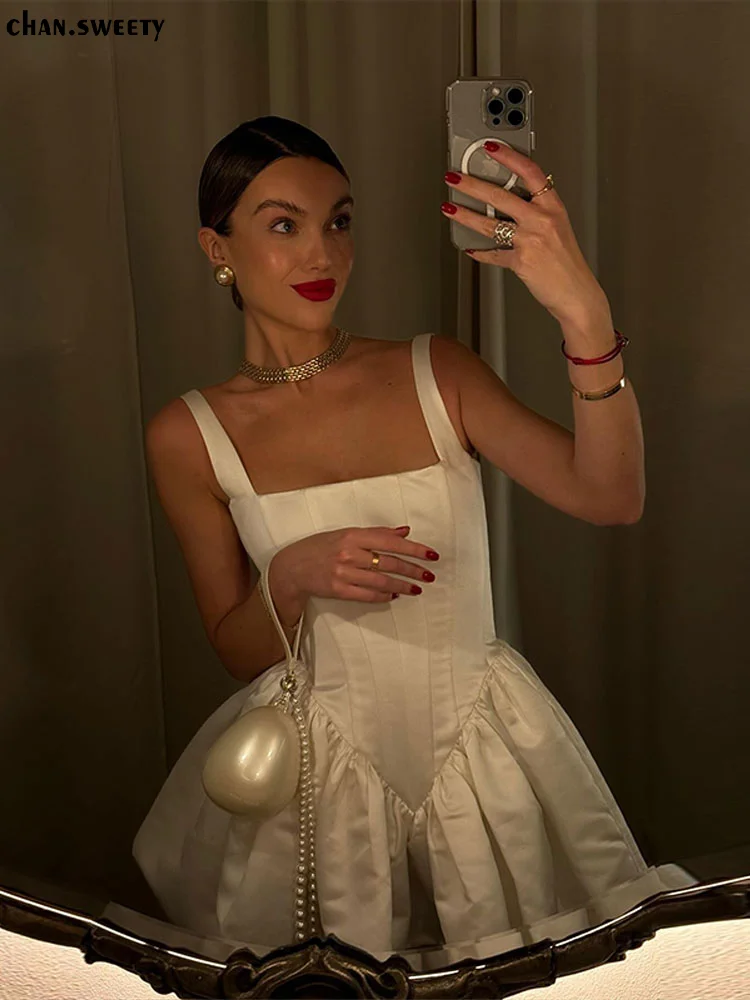 여성용 섹시한 솔리드 슬링 민소매 짧은 원피스, 하이 웨이스트 백리스 버블 스커트, 여성 연회 파티 복장